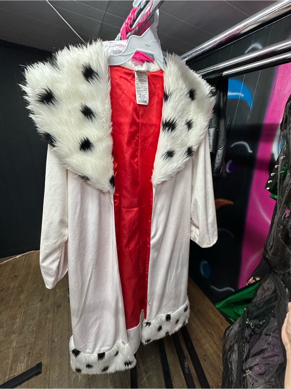 Disney White Faux Fur Spotted Cape with Red Lining